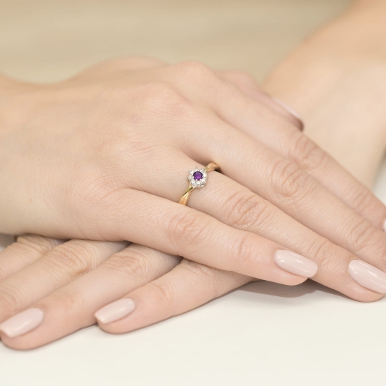 Złoty pierścionek Ametyst 0,10 ct z diamentami nat.